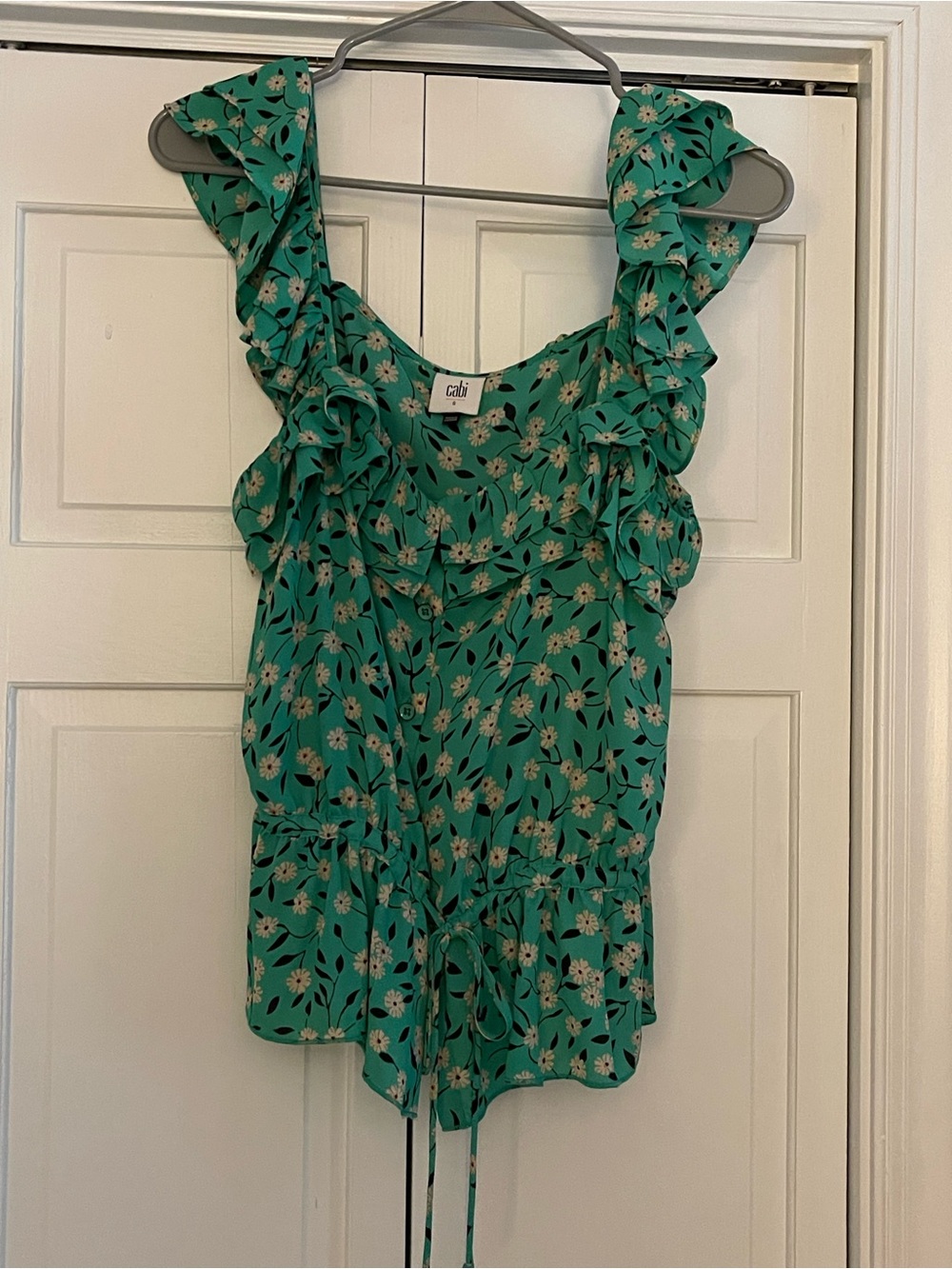CAbi Teal Floral Ruffle Tank with Tie Waist